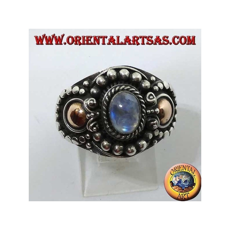 Handmade silver ring with rainbow moonstone (adularia) and gold applications