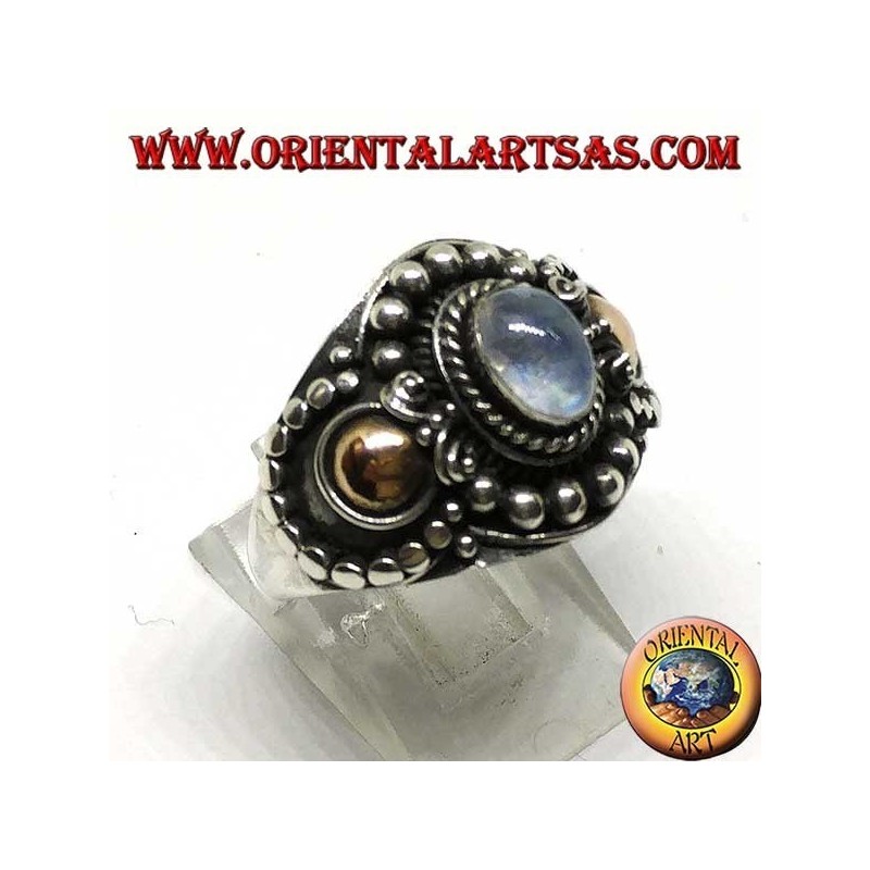 Bague en argent faite main avec pierre de lune arc-en-ciel (adularia) et applications dorées