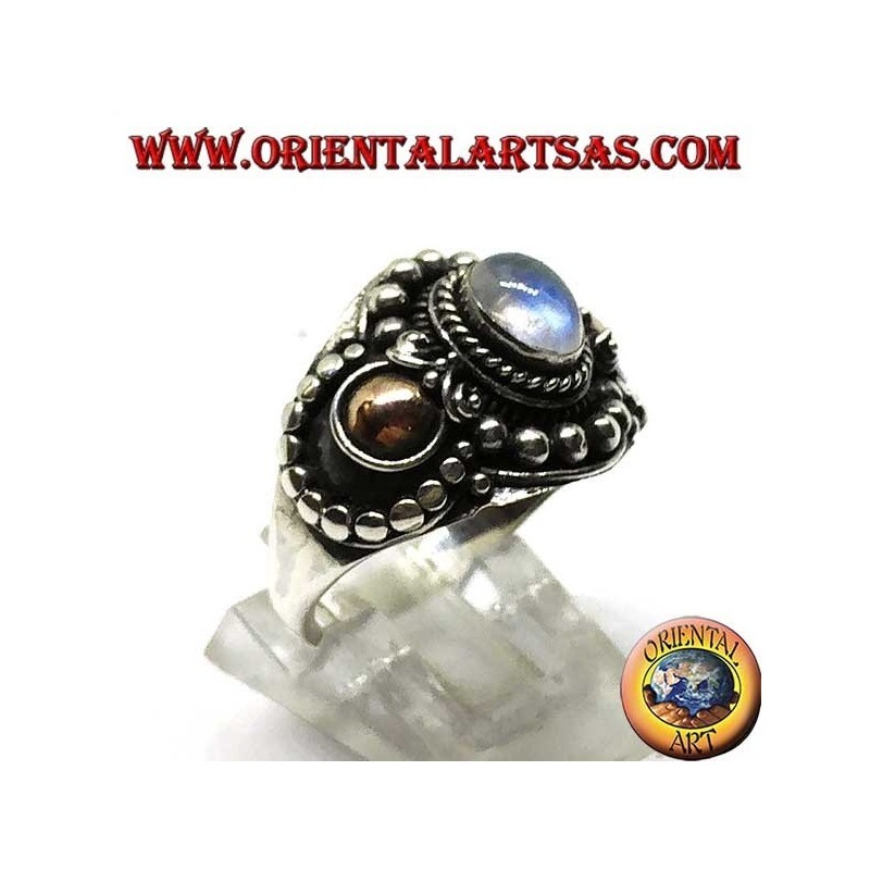 Bague en argent faite main avec pierre de lune arc-en-ciel (adularia) et applications dorées