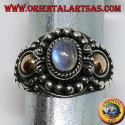 Handmade silver ring with rainbow moonstone (adularia) and gold applications