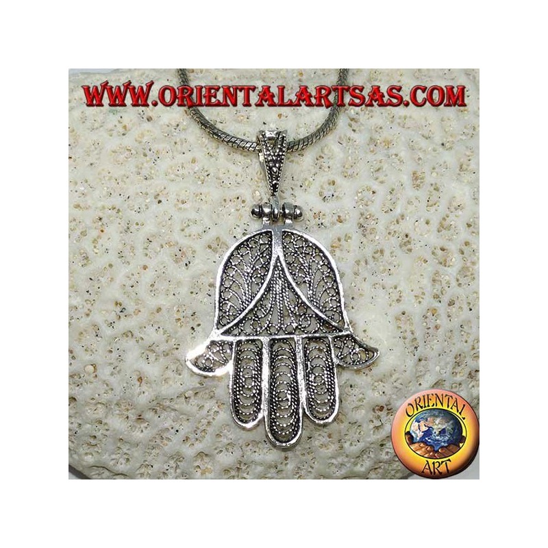 Silberanhänger, Hand von Fatima oder Hand von Miriam Hamsa filigran (groß)