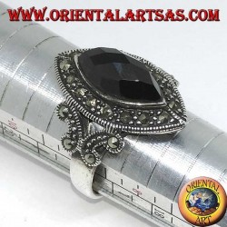 Silver ring with faceted shuttle onyx surrounded by marcasite