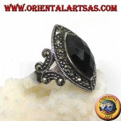 Silver ring with faceted shuttle onyx surrounded by marcasite