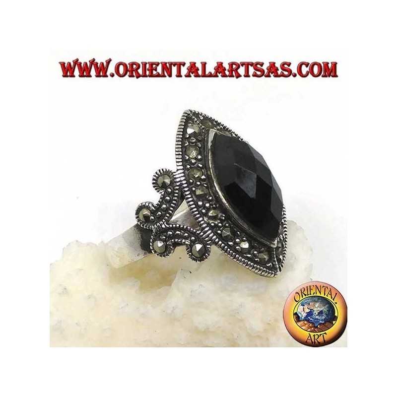 Silver ring with faceted shuttle onyx surrounded by marcasite