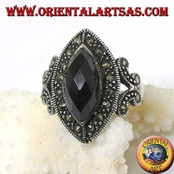 Silver ring with faceted shuttle onyx surrounded by marcasite