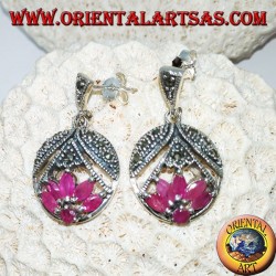 Lotus-flower silver earrings with 5 shuttle rubies and 1 round