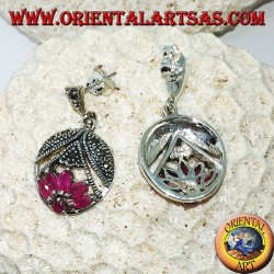 Lotus-flower silver earrings with 5 shuttle rubies and 1 round