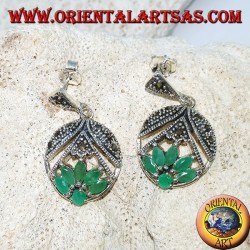 Orecchini in argento fior di loto con 5 smeraldi a navetta ed 1 tondo