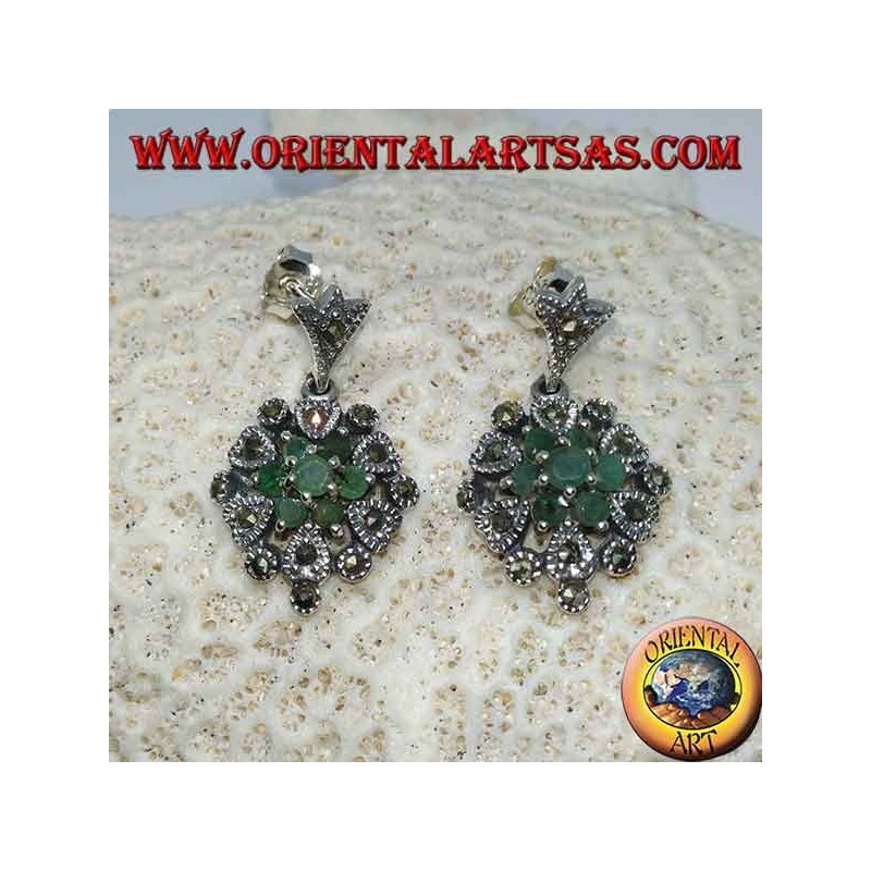 Silver earrings with 7 round emeralds and marcasites