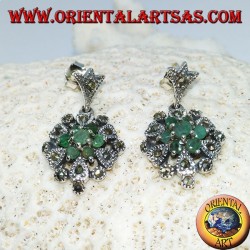 Silver earrings with 7 round emeralds and marcasites