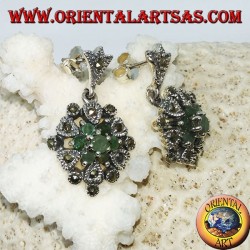 Silver earrings with 7 round emeralds and marcasites