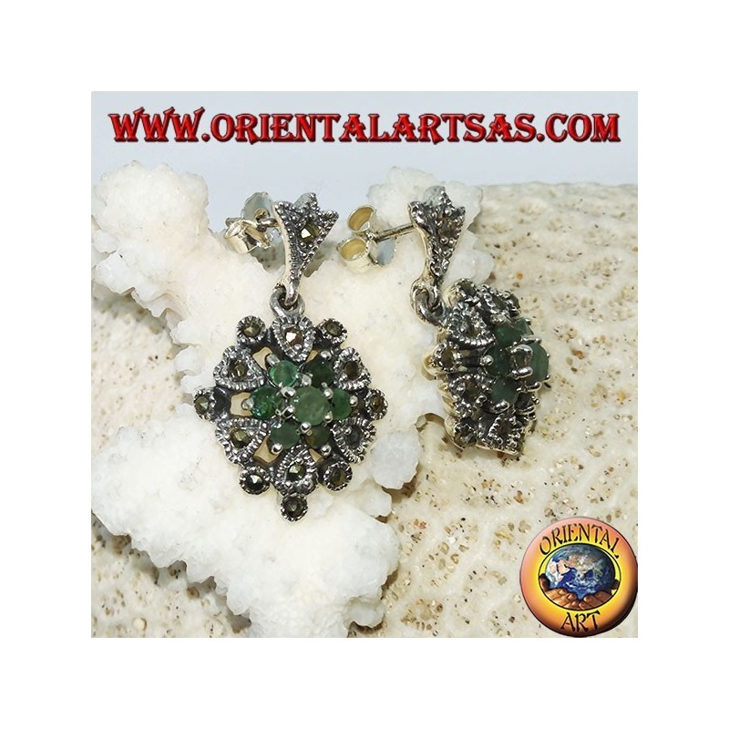 Silver earrings with 7 round emeralds and marcasites