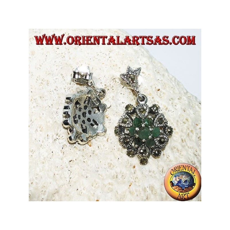 Silver earrings with 7 round emeralds and marcasites
