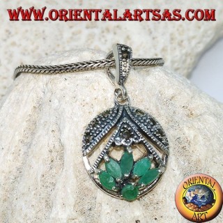 Lotus flower silver pendant with 5 shuttle emeralds and 1 round