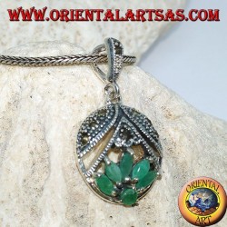 Lotus flower silver pendant with 5 shuttle emeralds and 1 round