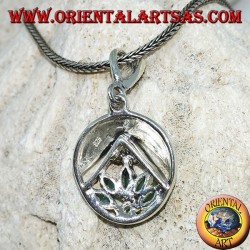 Lotus flower silver pendant with 5 shuttle emeralds and 1 round