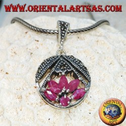 Lotus flower silver pendant with 5 rubies in shuttle and 1 round
