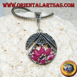 Lotus flower silver pendant with 5 rubies in shuttle and 1 round