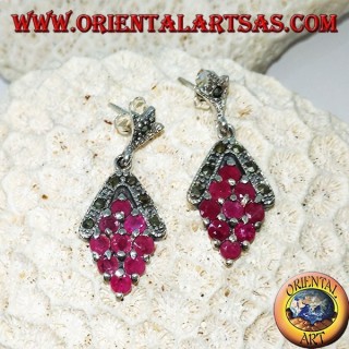Silver earrings with 9 natural round rubies set with rhombus and marcasite
