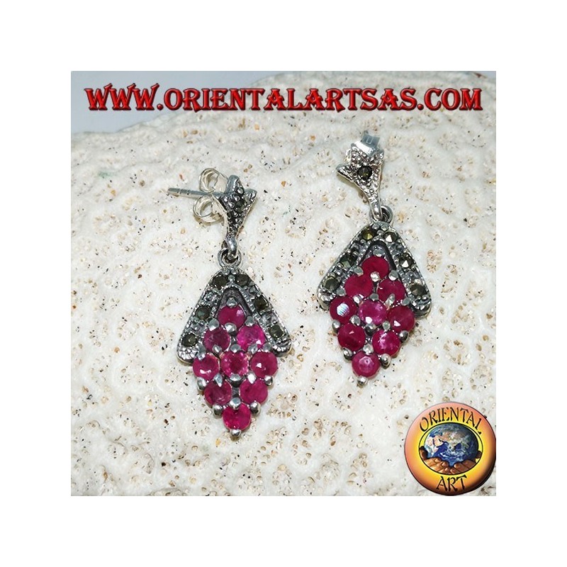 Silver earrings with 9 natural round rubies set with rhombus and marcasite