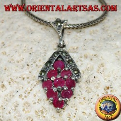 Silver pendant with 9 natural round rubies set with rhombus and marcasite