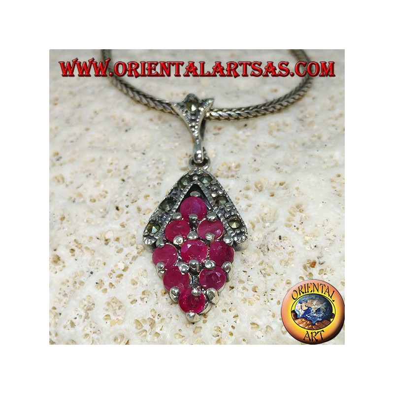 Silver pendant with 9 natural round rubies set with rhombus and marcasite