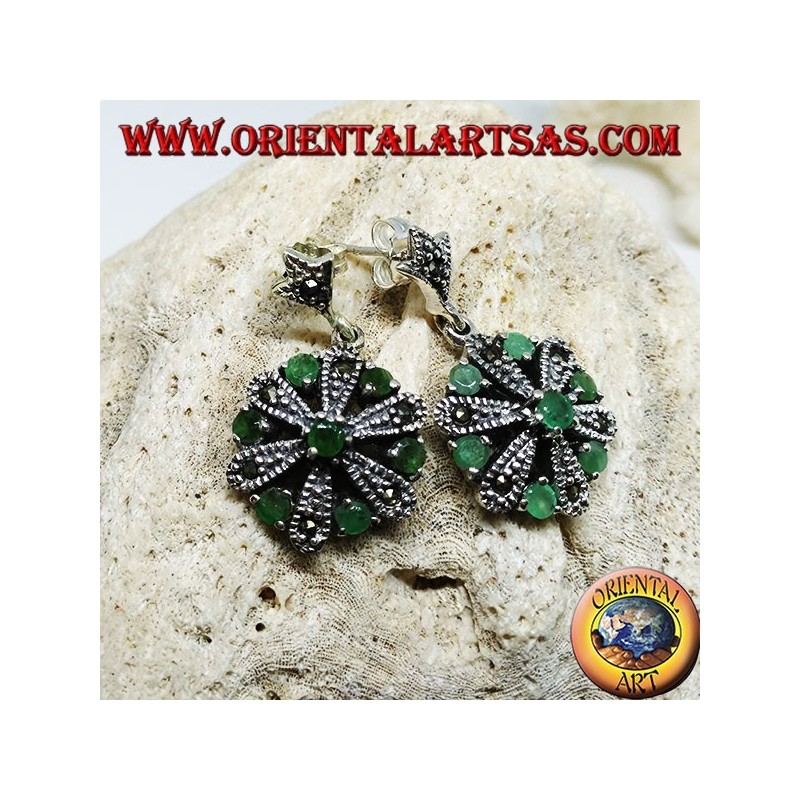 Silver daisy earrings with 6 +1 natural round and marcasite emeralds