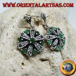 Silver daisy earrings with 6 +1 natural round and marcasite emeralds