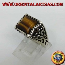 Silver ring with baroque decorations and rectangular Tiger eye