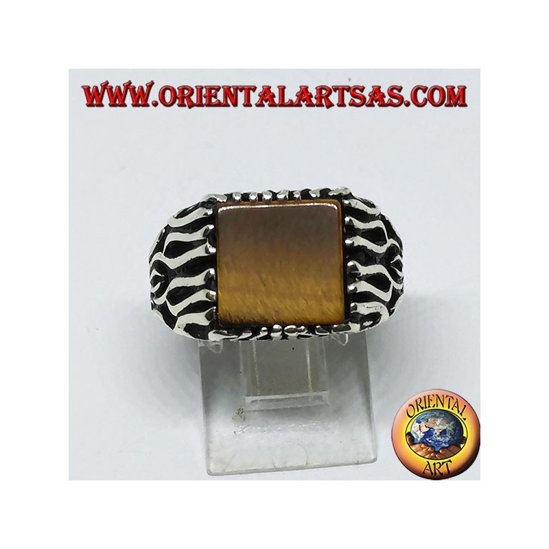 Anillo de plata con adornos de llamas y ojo de tigre cuadrado (plano)