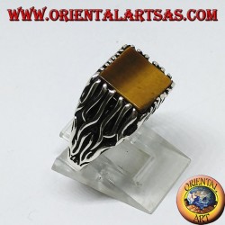 Silver ring with flame decorations and square Tiger eye (flat)