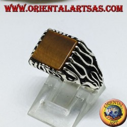 Anillo de plata con adornos de llamas y ojo de tigre cuadrado (plano)