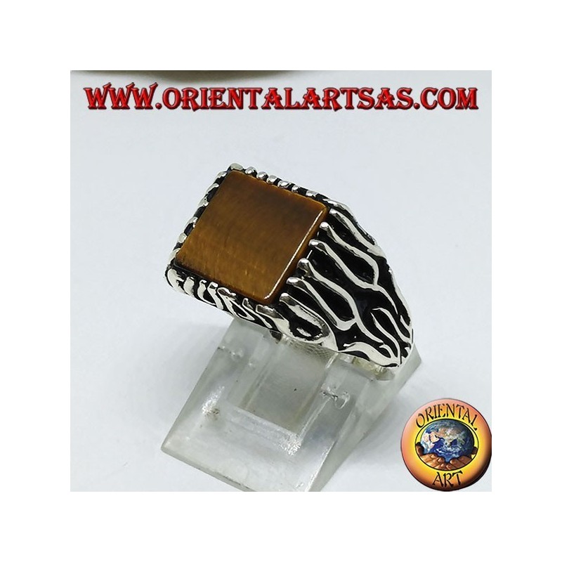 Silver ring with flame decorations and square Tiger eye (flat)