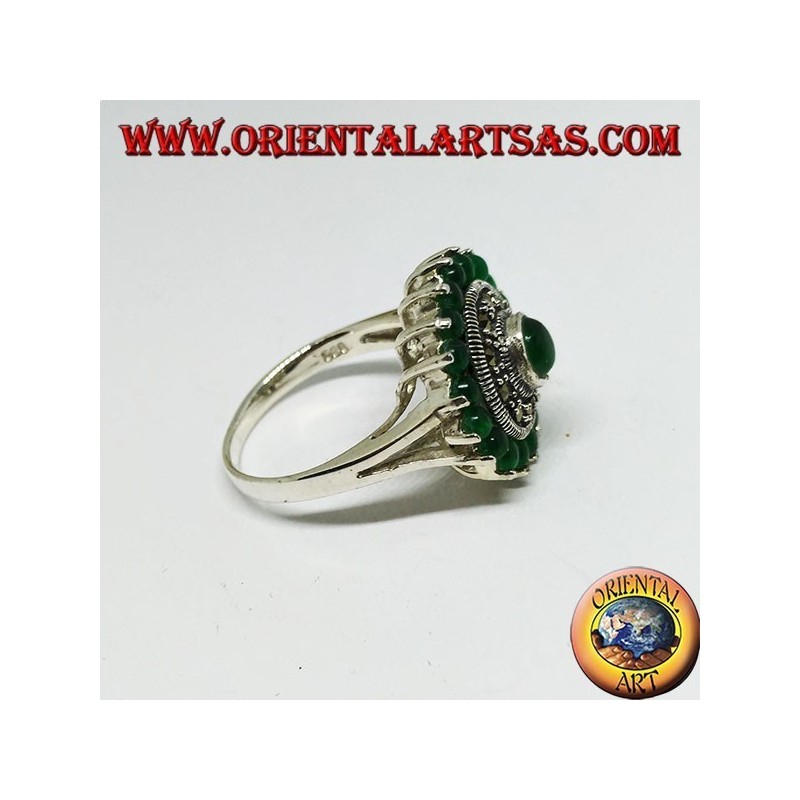 Bague ronde en argent avec 18 + 1 ronde d'agate verte et de marcassites