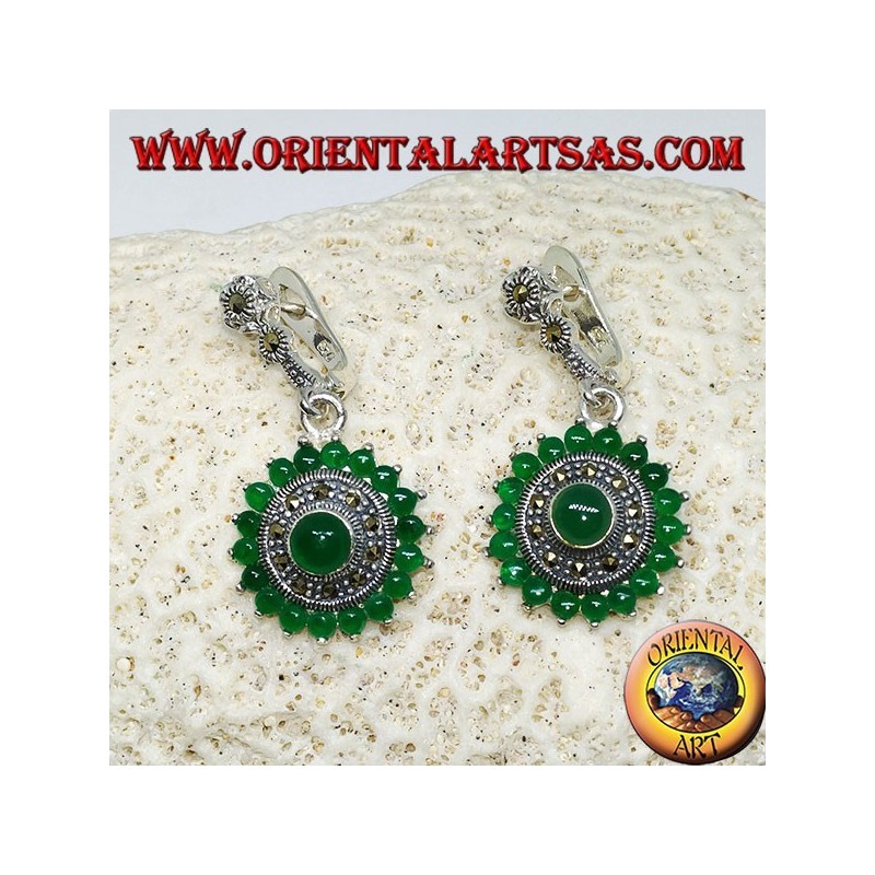 Boucles d'oreilles rondes en argent avec 18 + 1 rond en agate verte et marcassites