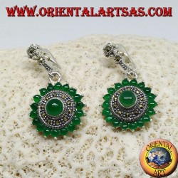 Round silver earrings, with 18 + 1 round green agate and marcasites