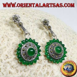 Round silver earrings, with 18 + 1 round green agate and marcasites