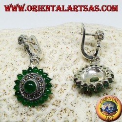 Pendientes redondos de plata con 18 + 1 ágata verde redonda y marcasitas