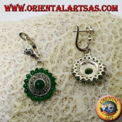 Round silver earrings, with 18 + 1 round green agate and marcasites