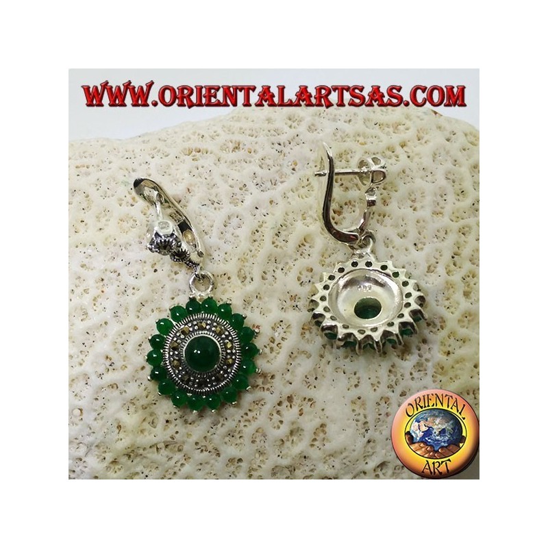 Pendientes redondos de plata con 18 + 1 ágata verde redonda y marcasitas