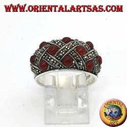 Silver ring with curved band with ten spherical cornels with the marcasite content