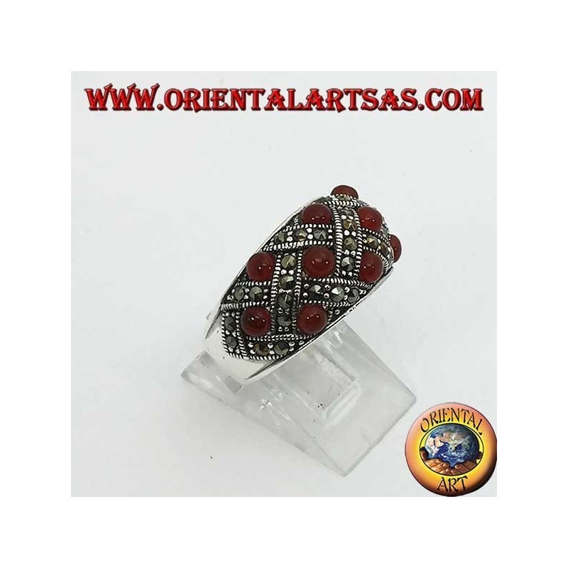 Silver ring with curved band with ten spherical cornels with the marcasite content