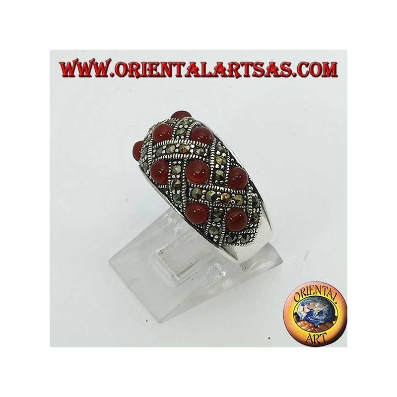 Silver ring with curved band with ten spherical cornels with the marcasite content