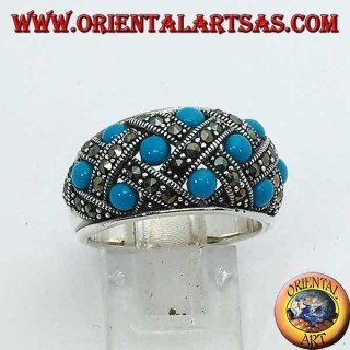 Silver ring with curved band with ten spherical turquoises topped with marcasite