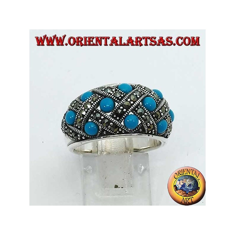 Silver ring with curved band with ten spherical turquoises topped with marcasite