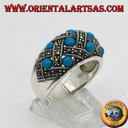 Silver ring with curved band with ten spherical turquoises topped with marcasite