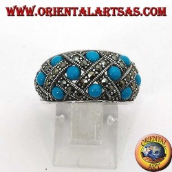 Silver ring with curved band with ten spherical turquoises topped with marcasite