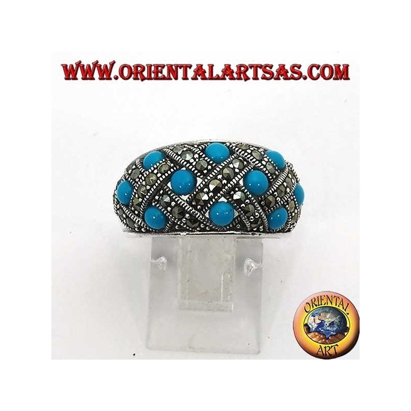 Silver ring with curved band with ten spherical turquoises topped with marcasite