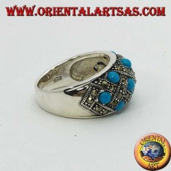 Silver ring with curved band with ten spherical turquoises topped with marcasite