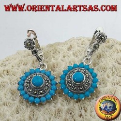 Round silver earrings, with 18 + 1 turquoise and surrounded by marcasites